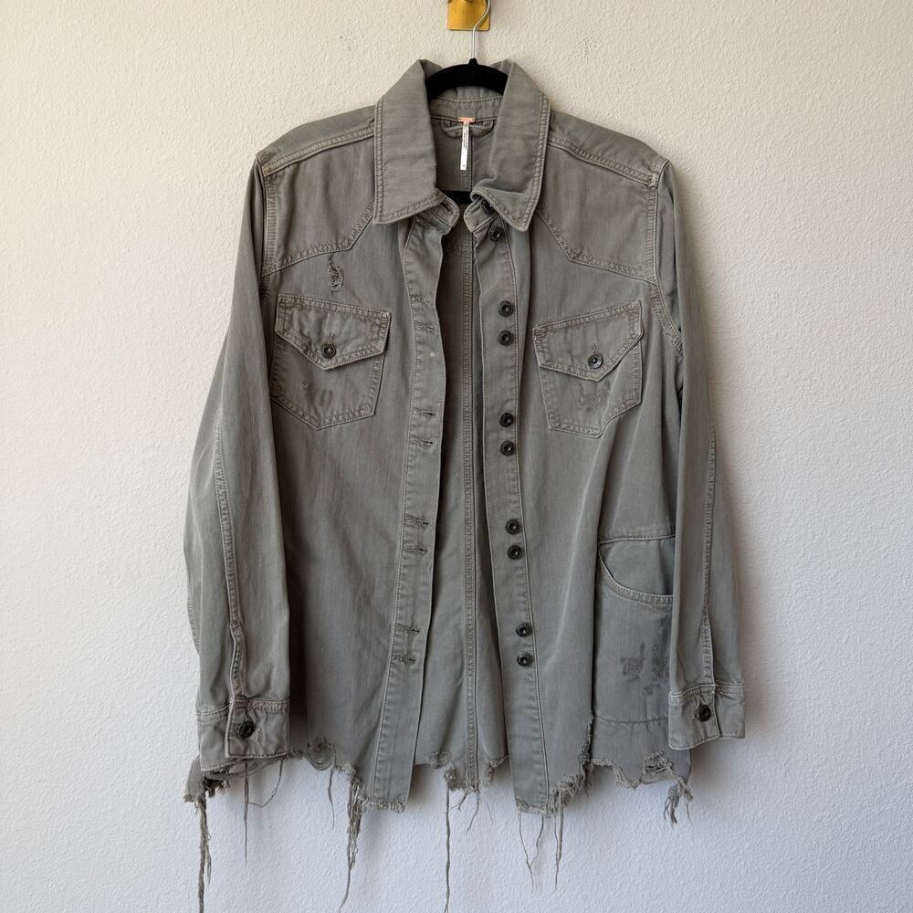 Free People Moonchild Olive Distressed Denim Shirt Jacket Size S - Picture 2 of 6